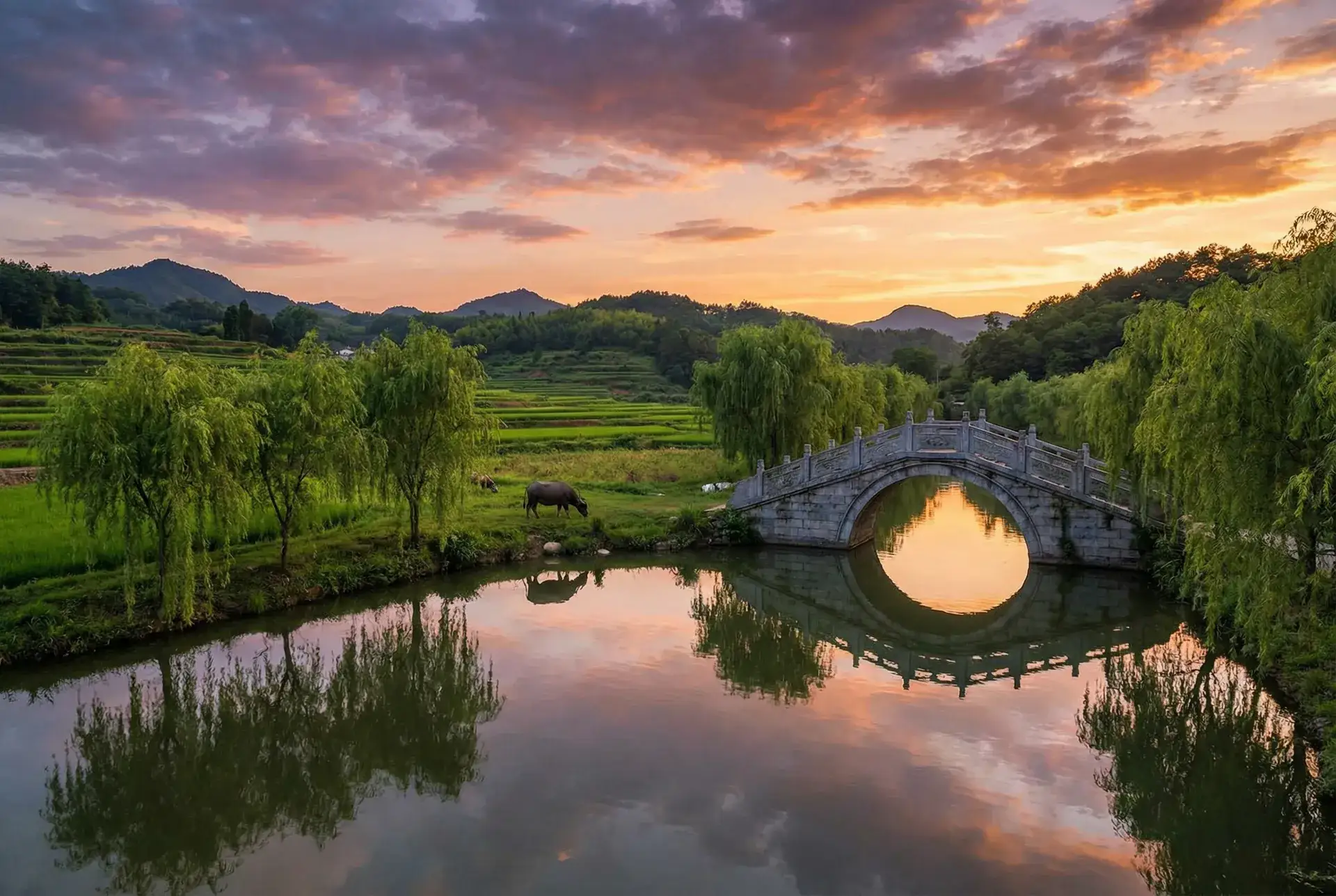 夕阳下的石拱桥与垂柳，水牛在河边吃草 - 更衣人偶坠入爱河第一集 乡村美景